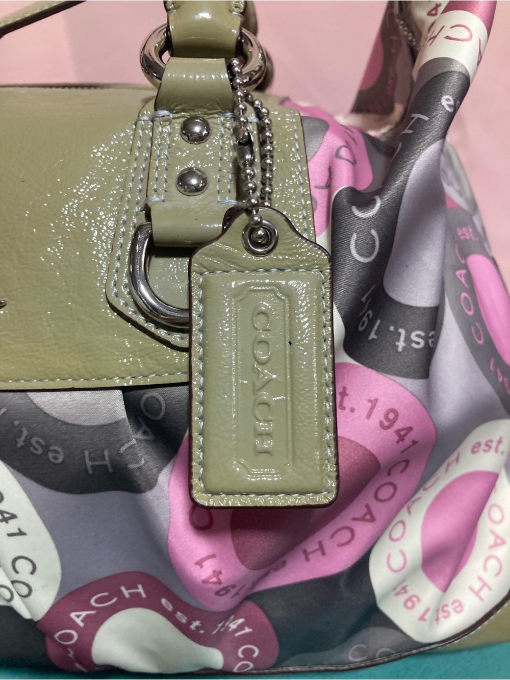 Coach Olive Green & Pink Circle Print Satchel - Picture 3 of 9